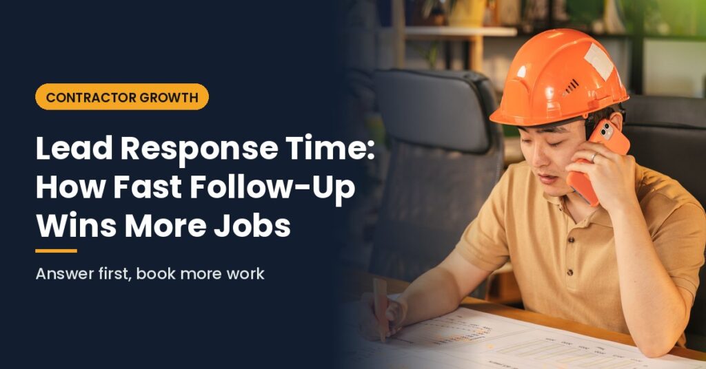 Lead response time - contractor in a hard hat returning a customer call while reviewing plans